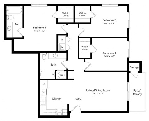Floor plan for 3 beds, 2 baths, 1336 sqft